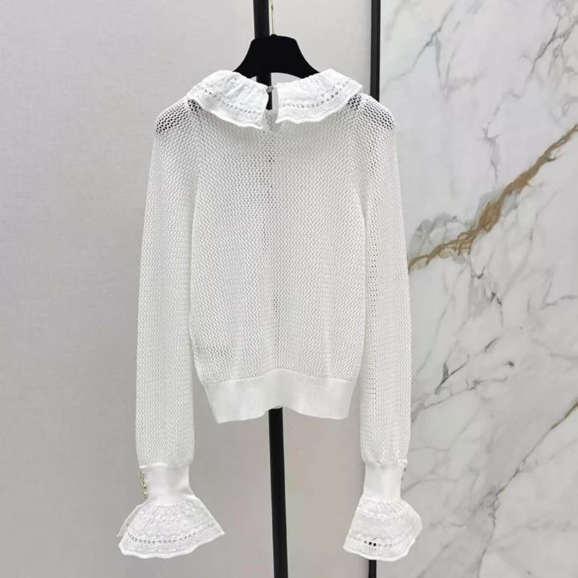 Ruffle-Collar Flared Sleeve Openwork Top