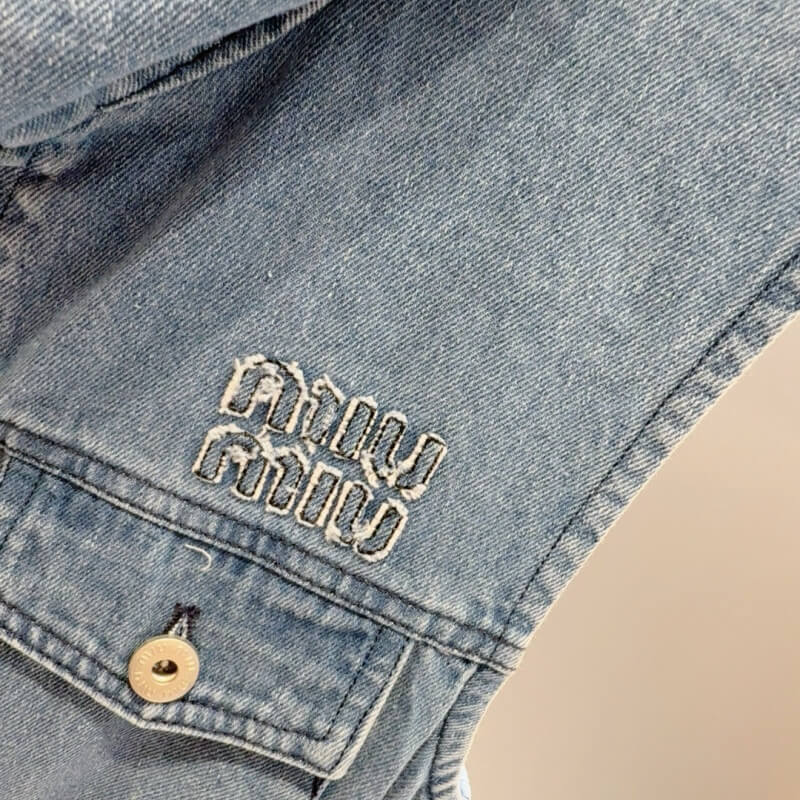 Waist-Cinching Letter Embroidered Denim Dress