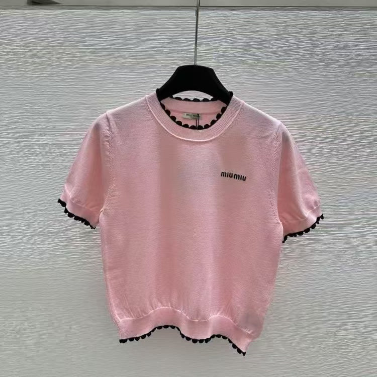 Color-Block Small Lace Knitted Short Sleeve