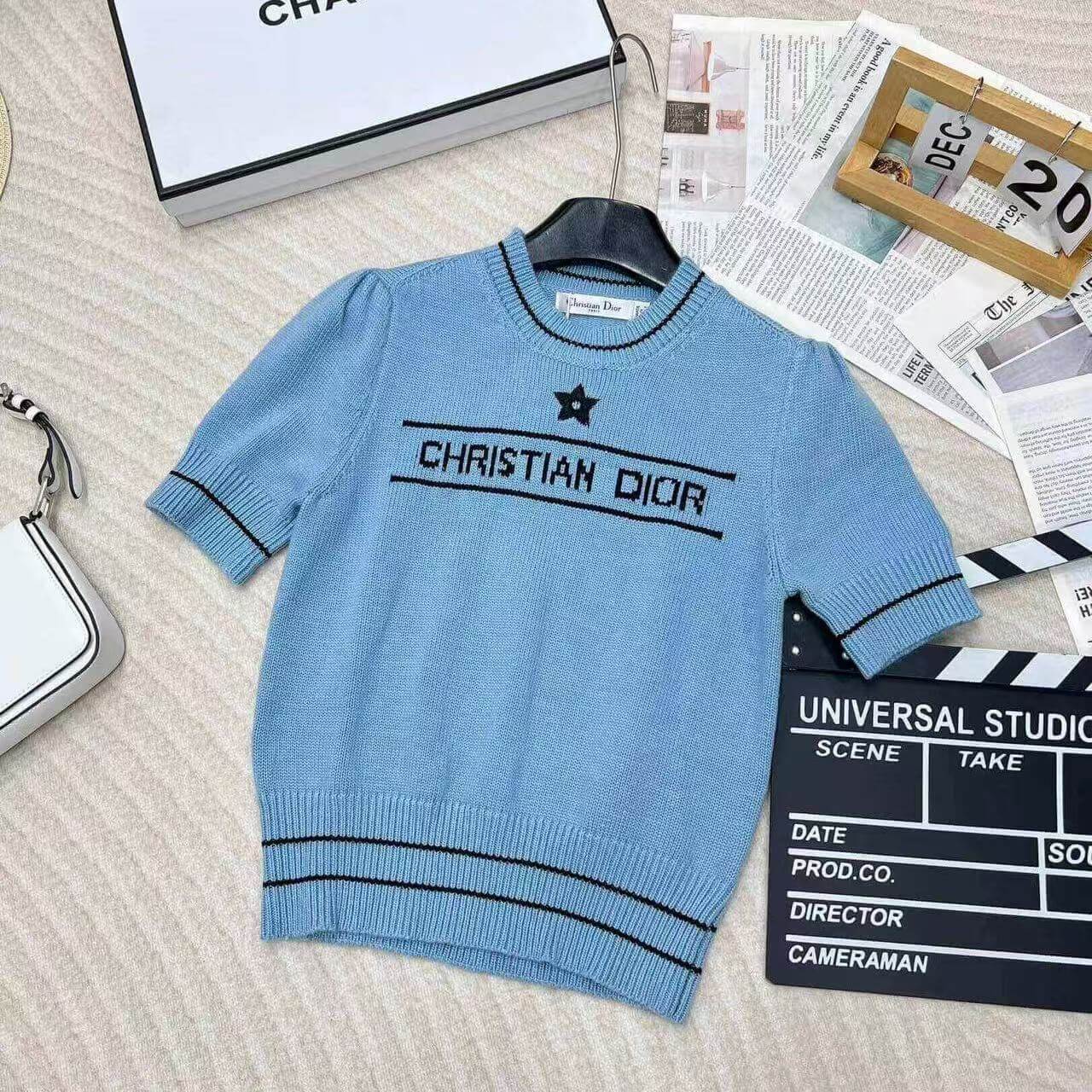 Star and Letter Embroidered Knitted Short Sleeve