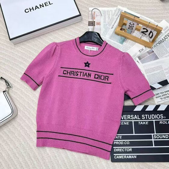 Star and Letter Embroidered Knitted Short Sleeve