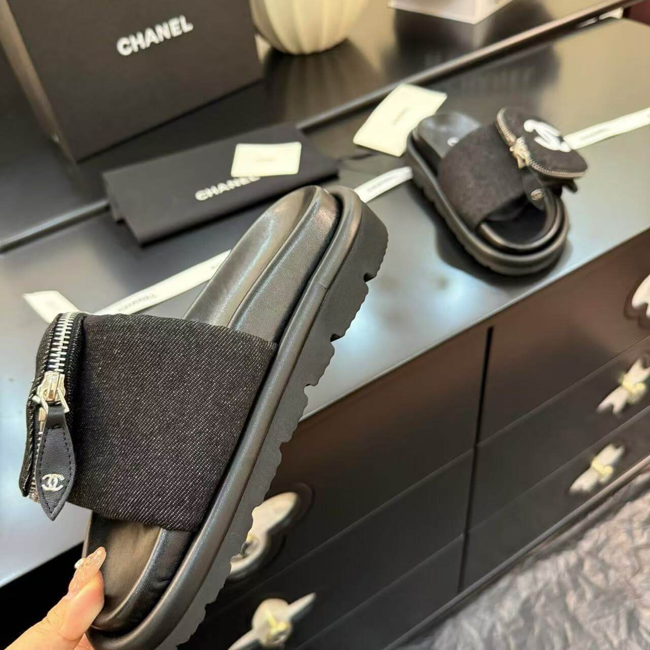 Zippered Pocket Black Denim Fabric Sandals