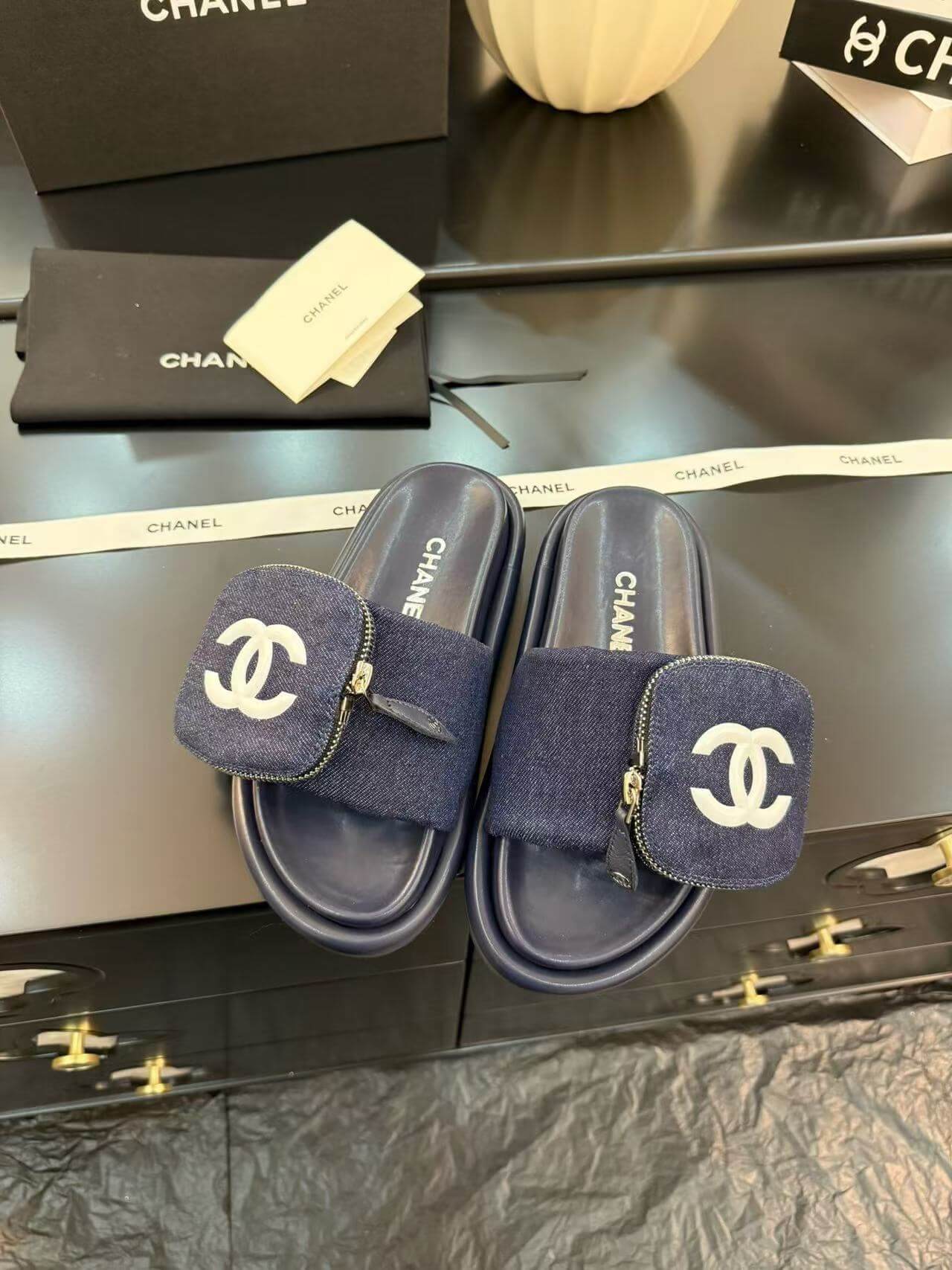 Zippered Pocket Blue Denim Fabric Sandals