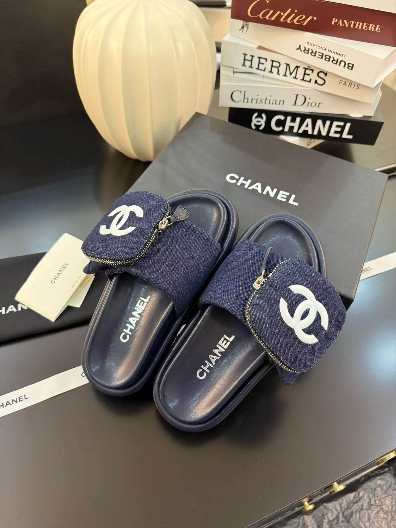 Zippered Pocket Blue Denim Fabric Sandals