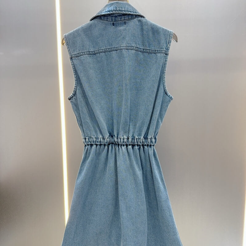 Waist-Cinching Letter Embroidered Denim Dress