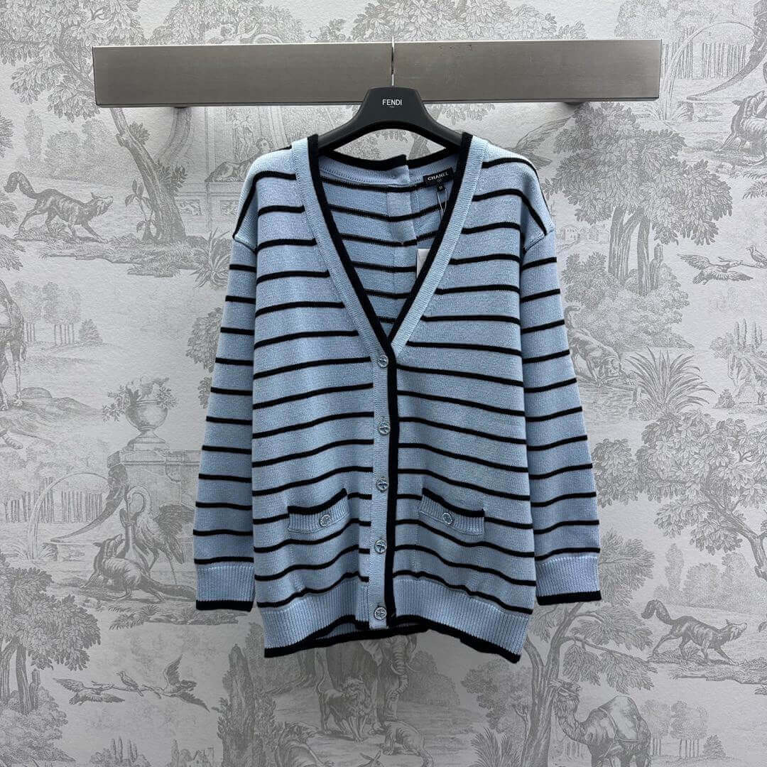 Color-Block Striped V-Neck Knit Cardigan