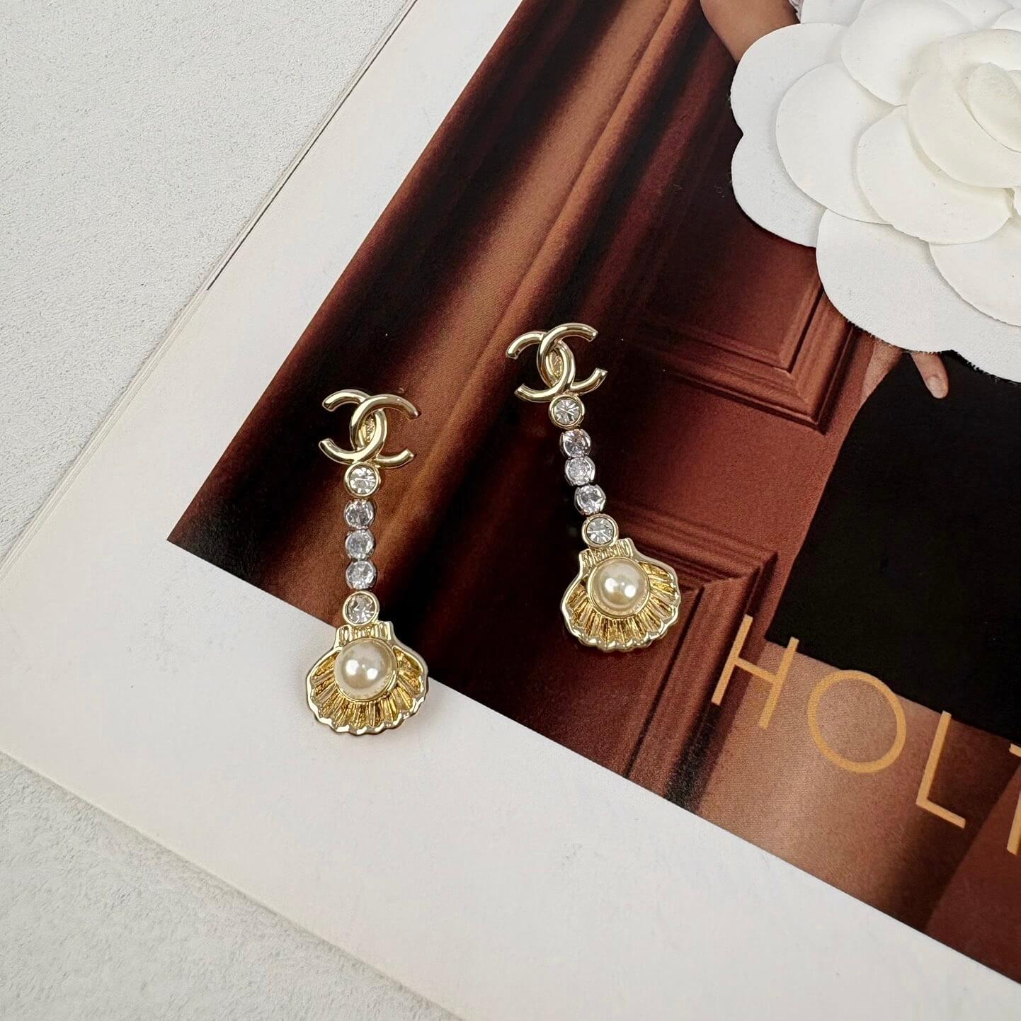 Long Shell Pearl Diamond Drop Earrings