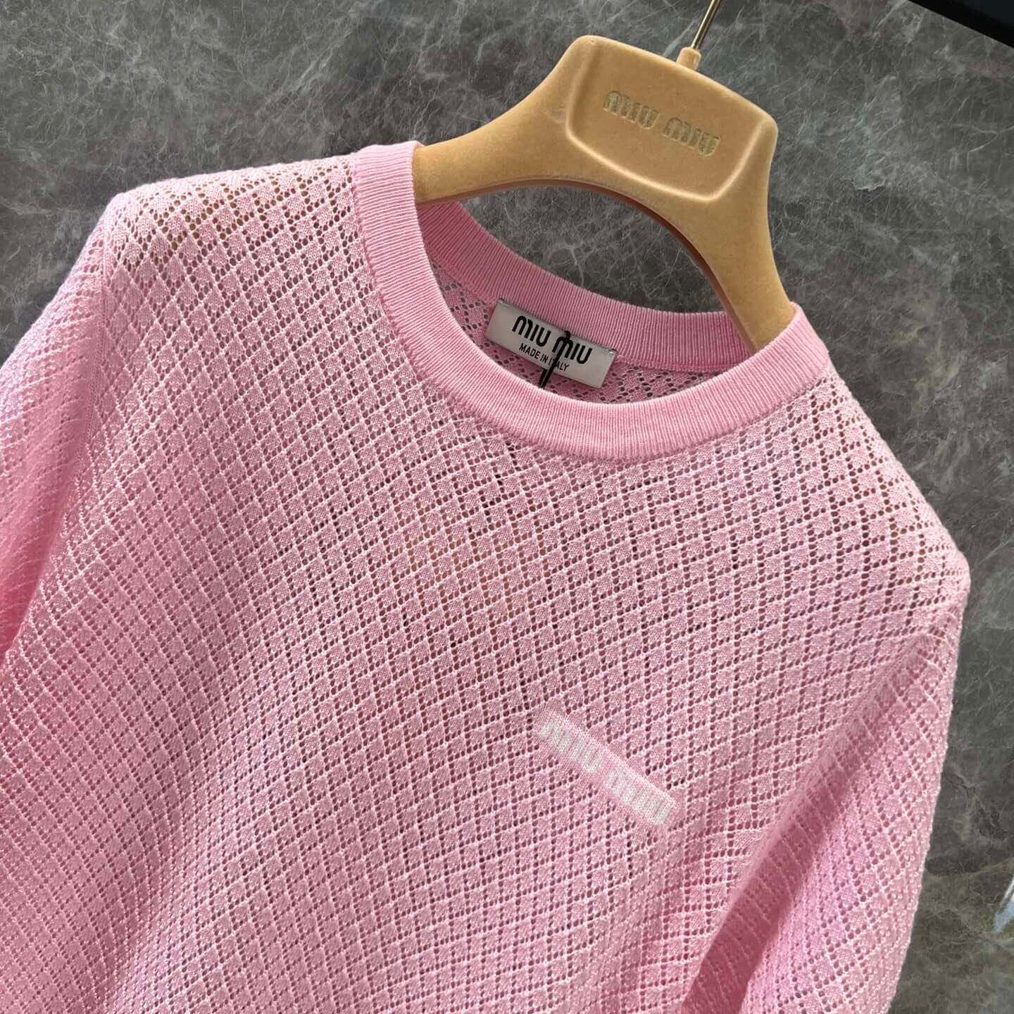 Pink Openwork Knit Short Sleeve Top