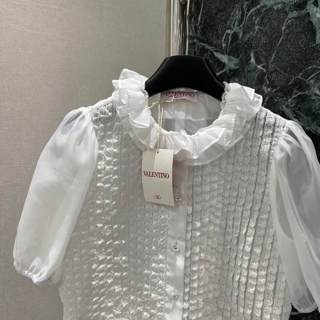 Elegant Pleated Lace Sheer Blouse