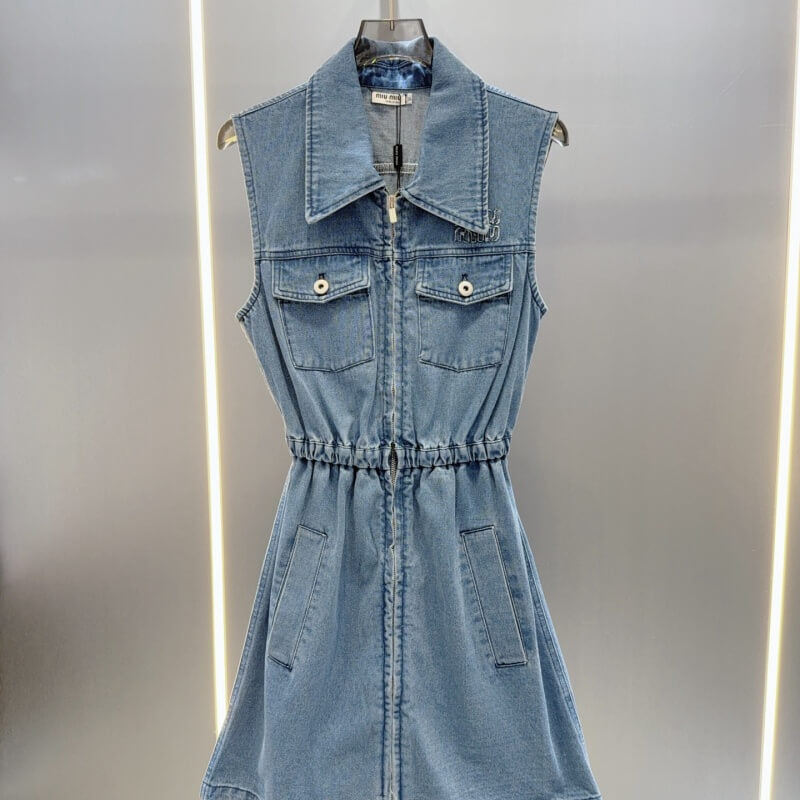 Waist-Cinching Letter Embroidered Denim Dress
