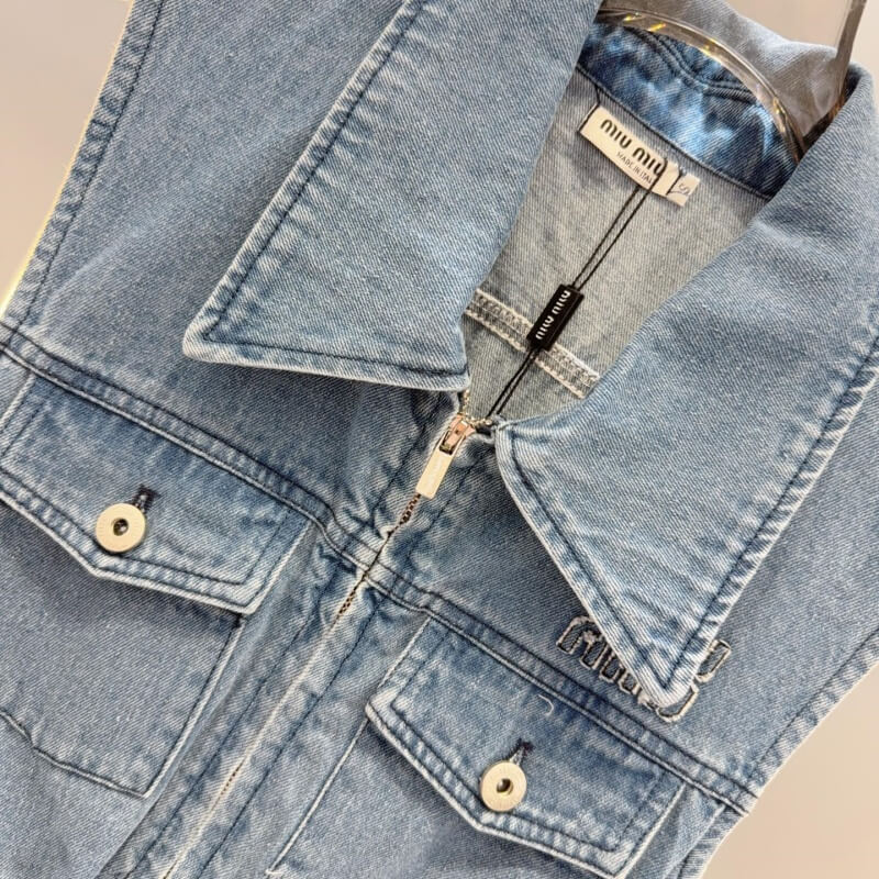 Waist-Cinching Letter Embroidered Denim Dress