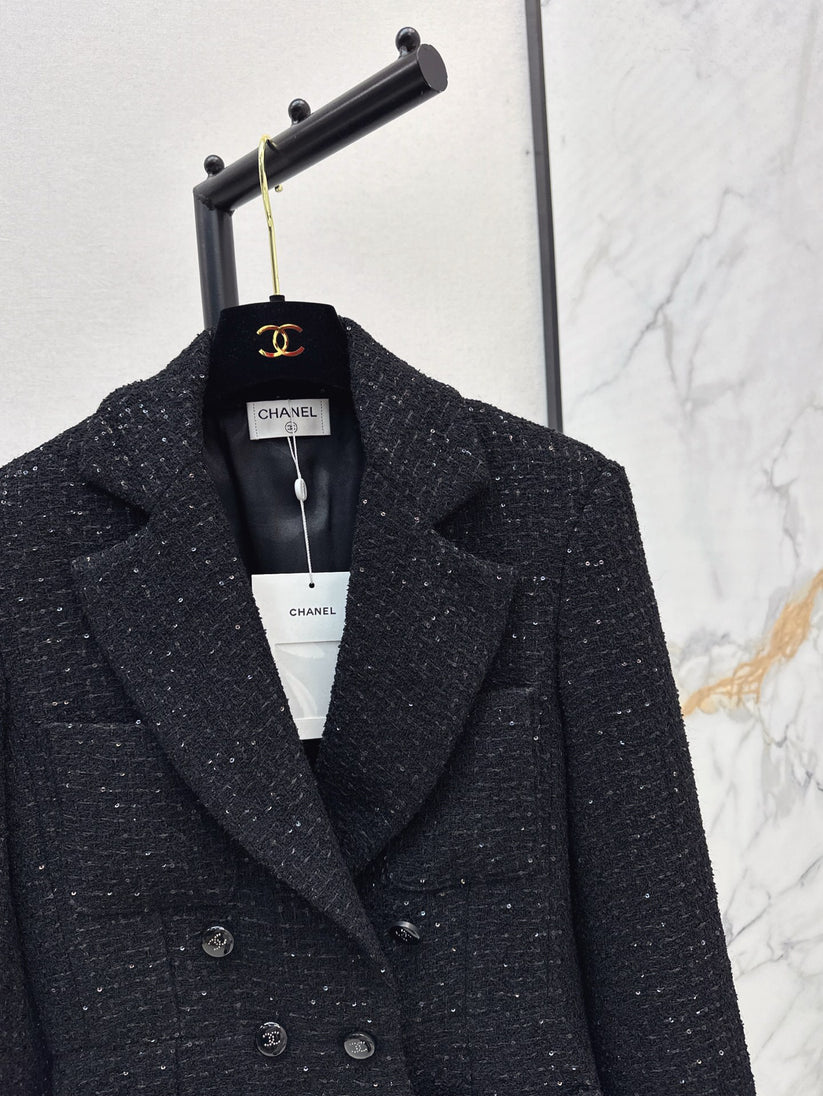 Elegant Tweed-Style Black Blazer Jacket
