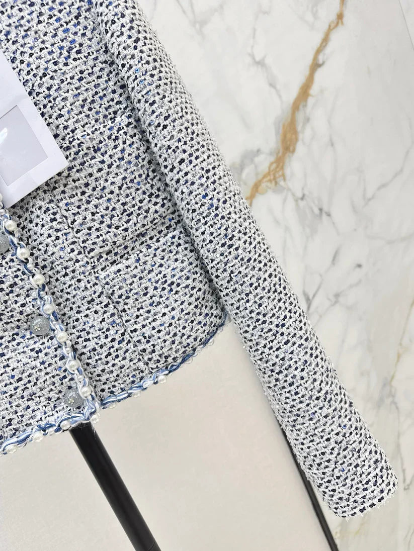 Pearl-Embellished Cropped Tweed Jacket