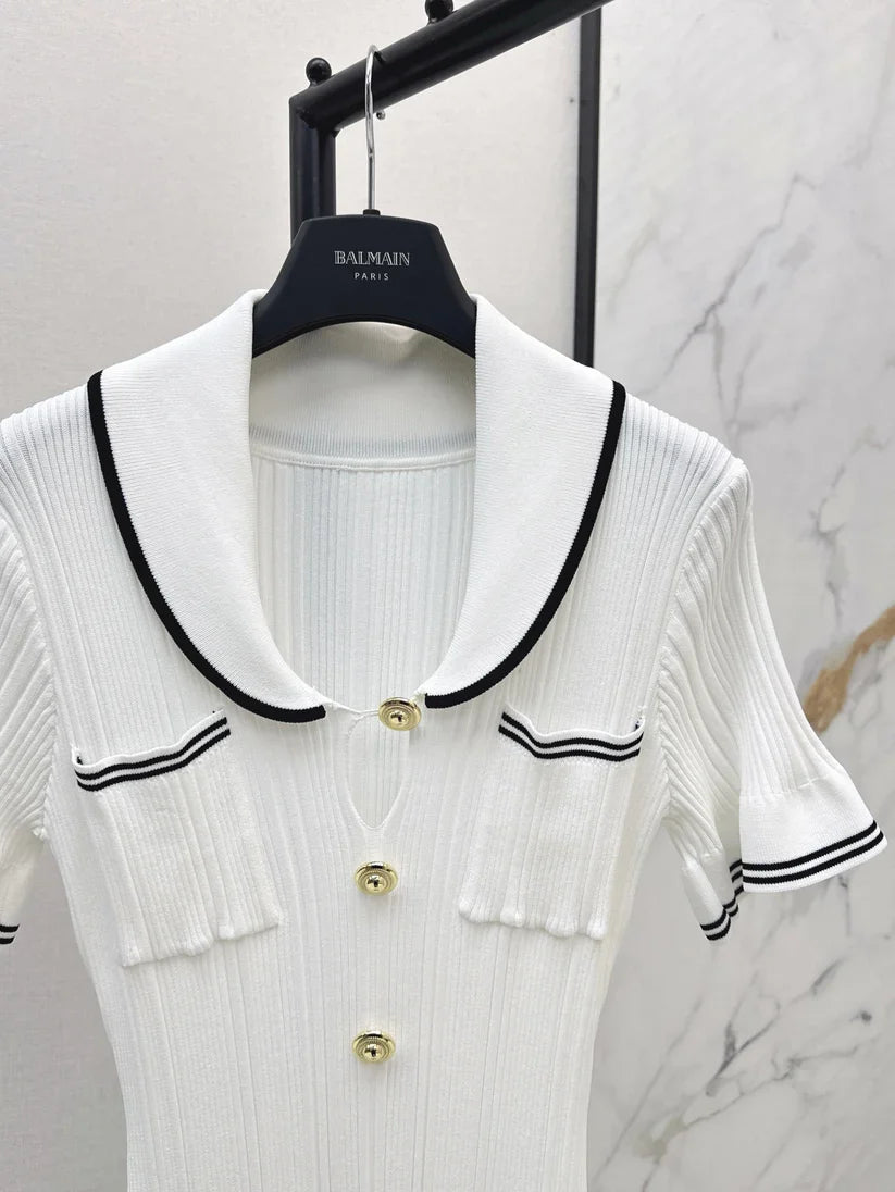 Chic Gold Button Ribbed Knit Dress