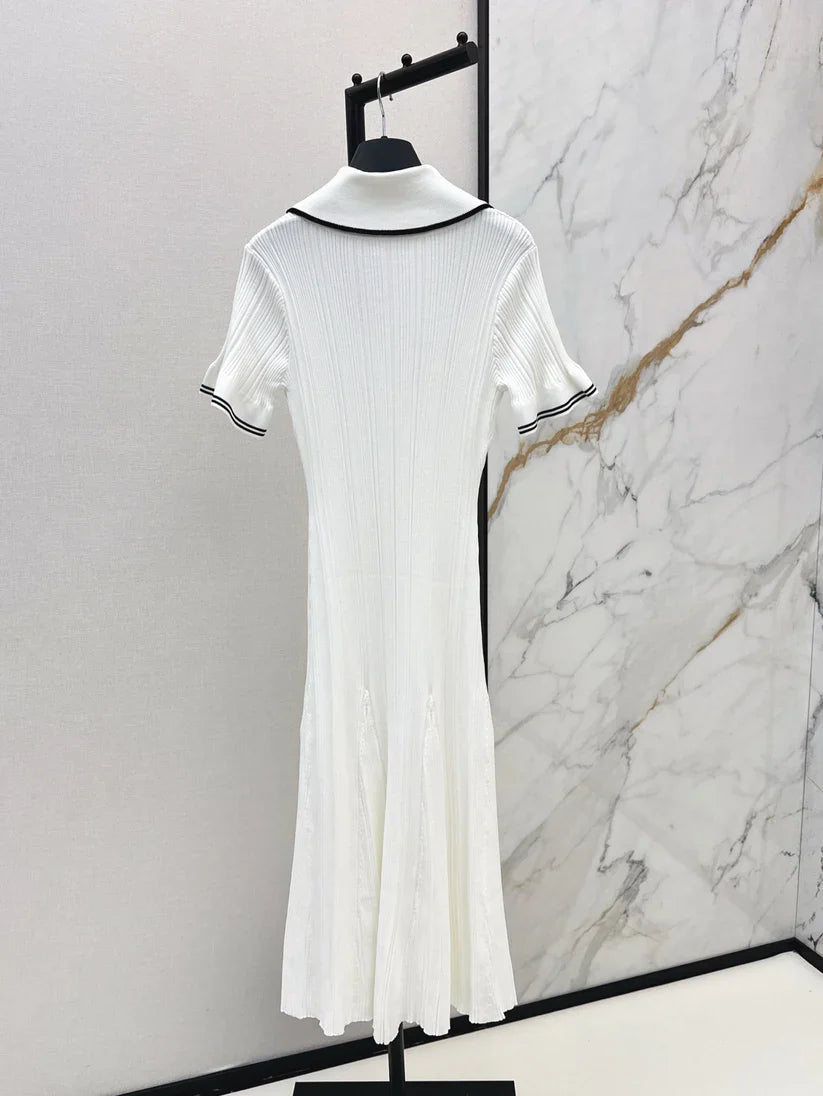Chic Gold Button Ribbed Knit Dress