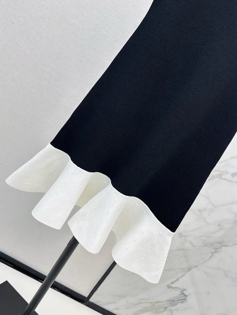 Pearl Neckline Black and White Contrast Dress