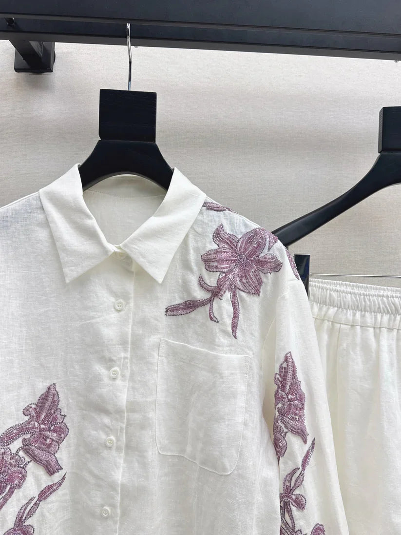 tylish Embroidered Floral Pattern Shirt and Bottoms Set