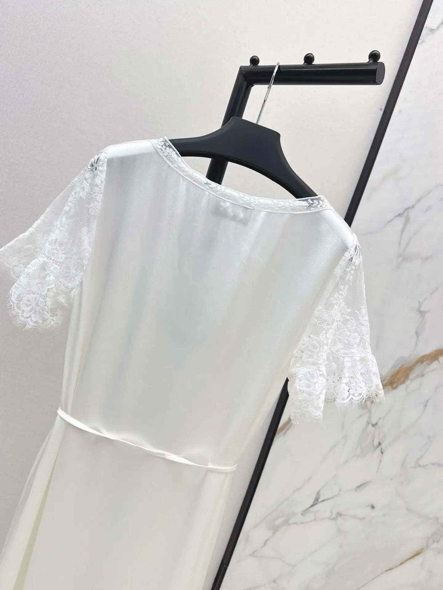 Lace-Trimmed Satin-Finish Short Sleeve Dress