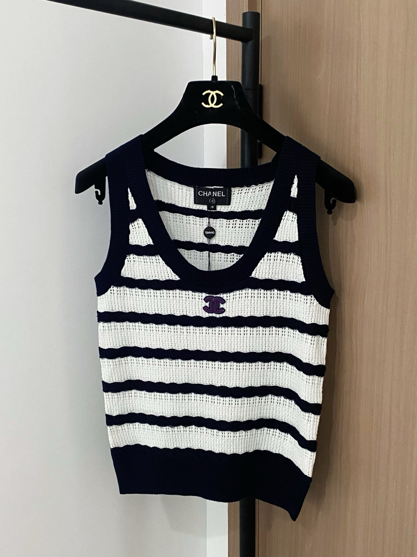 Black and White Striped Openwork Knit Vest
