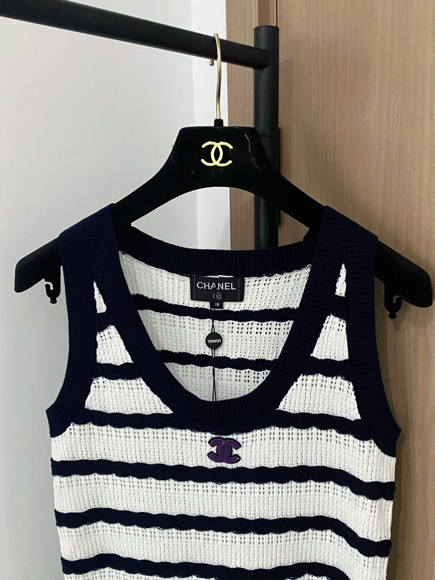 Black and White Striped Openwork Knit Vest