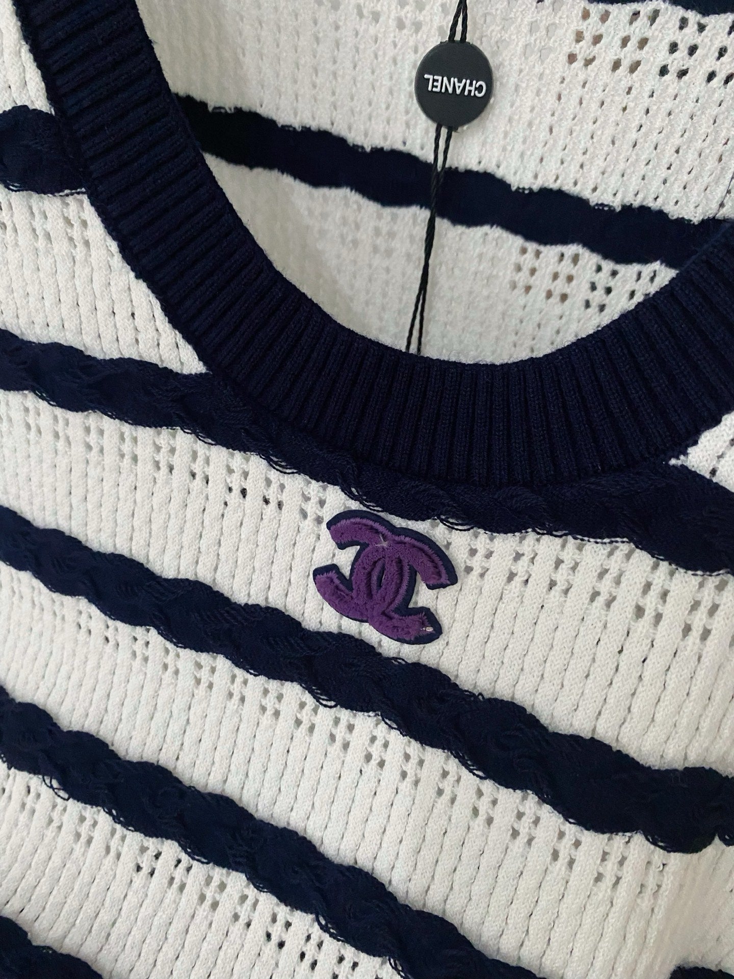 Black and White Striped Openwork Knit Vest