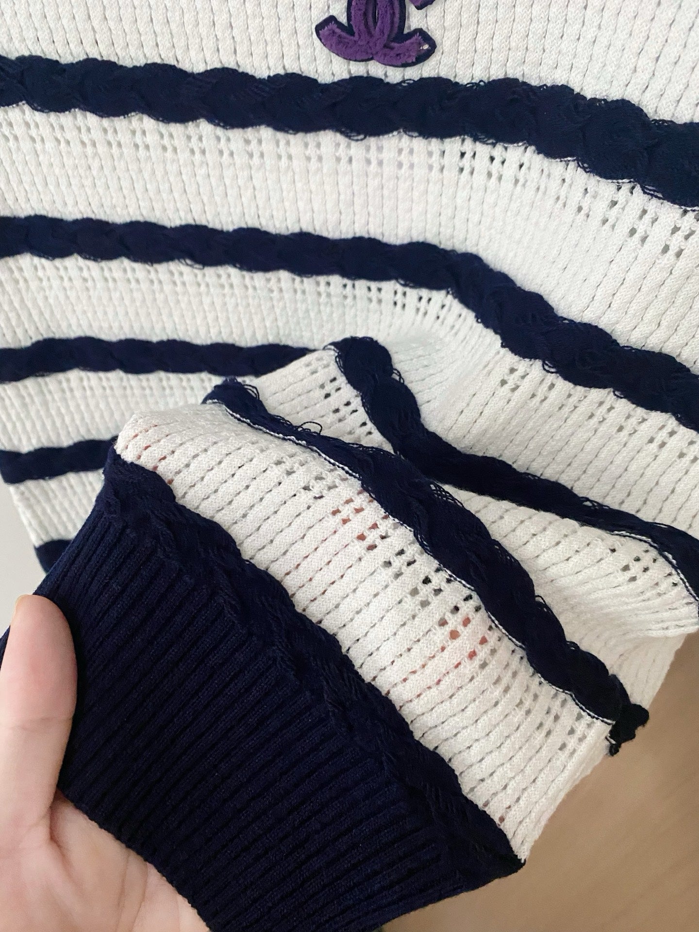 Black and White Striped Openwork Knit Vest