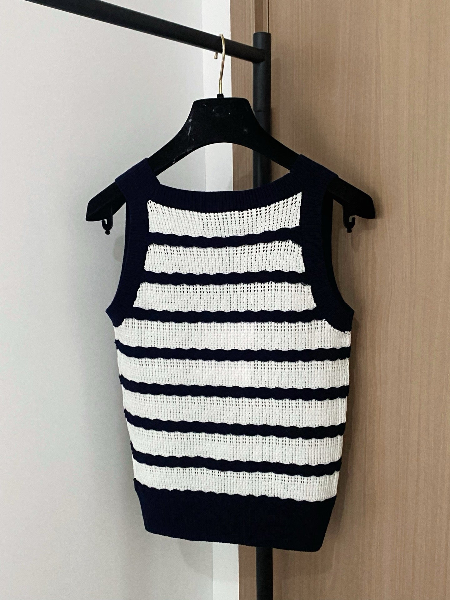 Black and White Striped Openwork Knit Vest