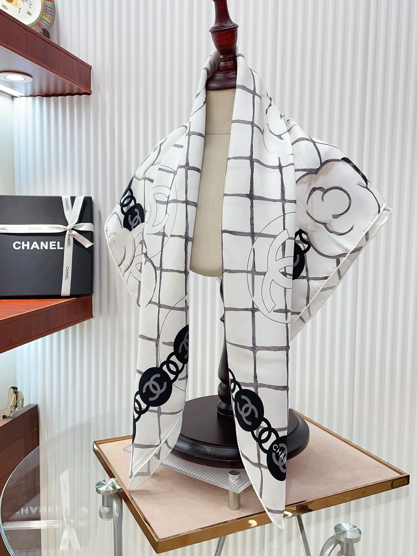 Plaid with Floral Trim Silk Scarf