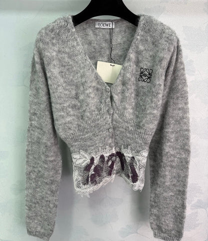 Delicate V-Neck Cardigan with Lace Hem