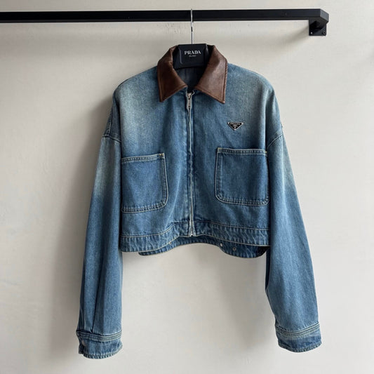 Trendy Leather-Trimmed Denim Cropped Jacket