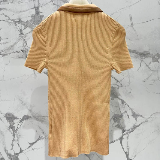 Vintage Lapel Zip-Up Embroidered Knit Short Sleeve Top