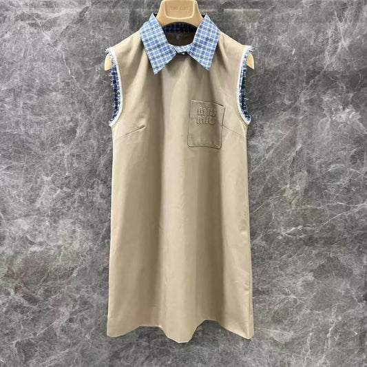 Classic Casual Color-Block Plaid Sleeveless Dress