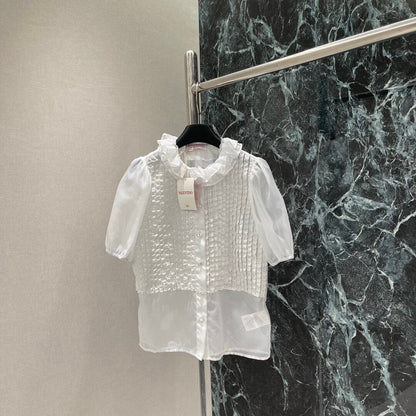 Elegant Pleated Lace Sheer Blouse