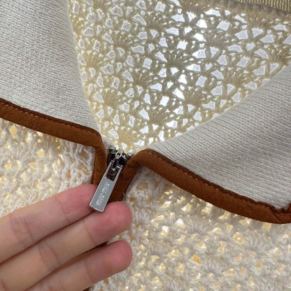 Minimalist Lapel Openwork Zip-Up Knit Jacket