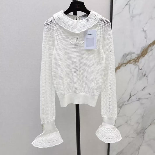 Ruffle-Collar Flared Sleeve Openwork Top