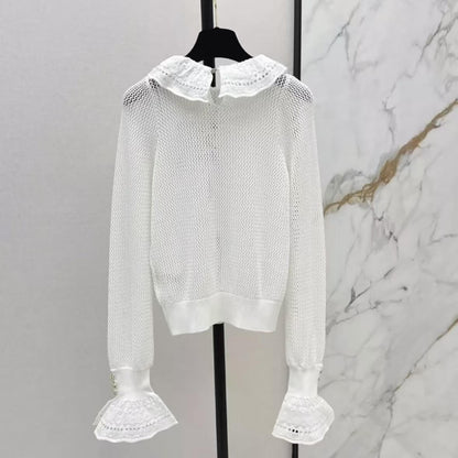 Ruffle-Collar Flared Sleeve Openwork Top