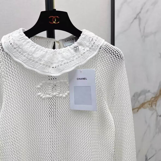 Ruffle-Collar Flared Sleeve Openwork Top