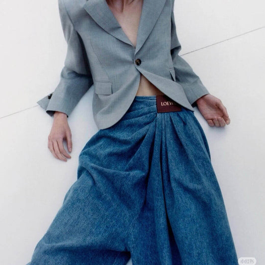 Leather Label Pleated Denim Pants