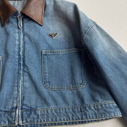 Trendy Leather-Trimmed Denim Cropped Jacket