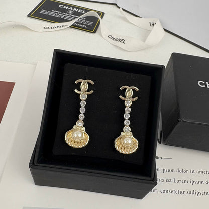 Long Shell Pearl Diamond Drop Earrings