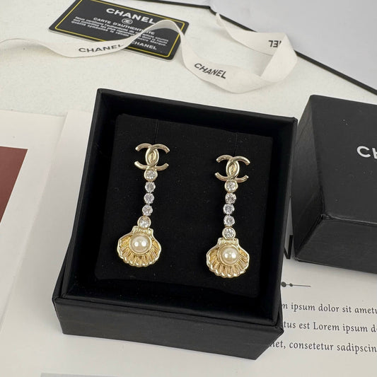 Long Shell Pearl Diamond Drop Earrings