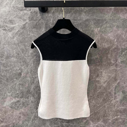 Patchwork Semi-High Neck Knit Vest