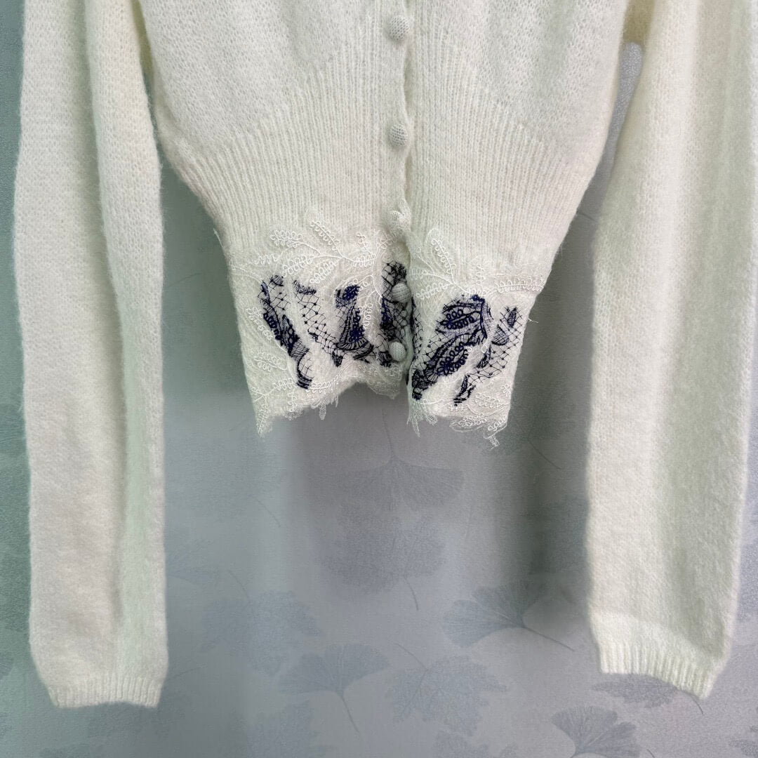 Delicate V-Neck Cardigan with Lace Hem