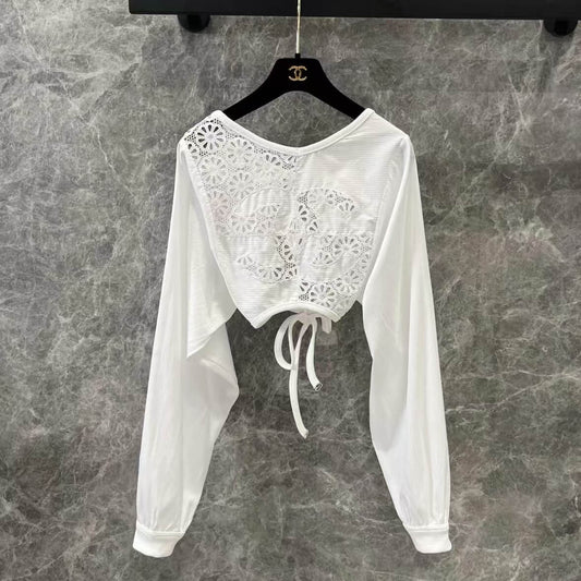 Openwork Back-Tie Long Sleeve Top