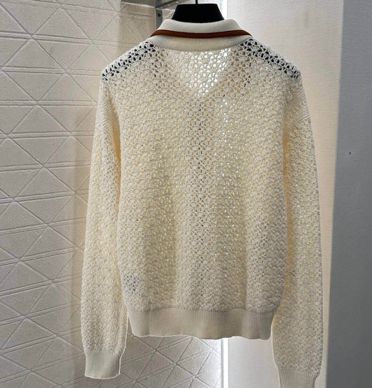 Minimalist Lapel Openwork Zip-Up Knit Jacket
