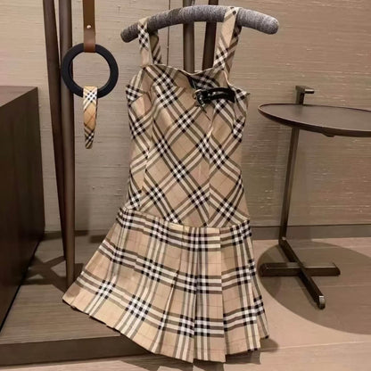 Classic Plaid Waist-Cinching Vest Dress