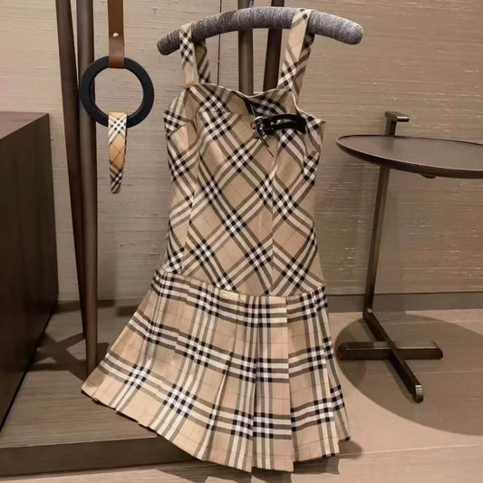 Classic Plaid Waist-Cinching Vest Dress