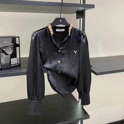 High-End Satin Diamond-Encrusted Shirt