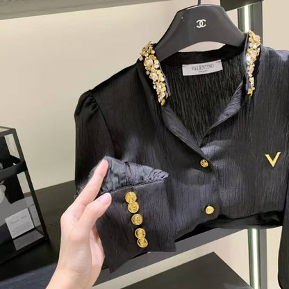 High-End Satin Diamond-Encrusted Shirt