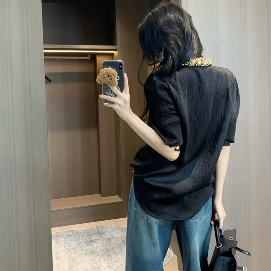 High-End Satin Diamond-Encrusted Shirt
